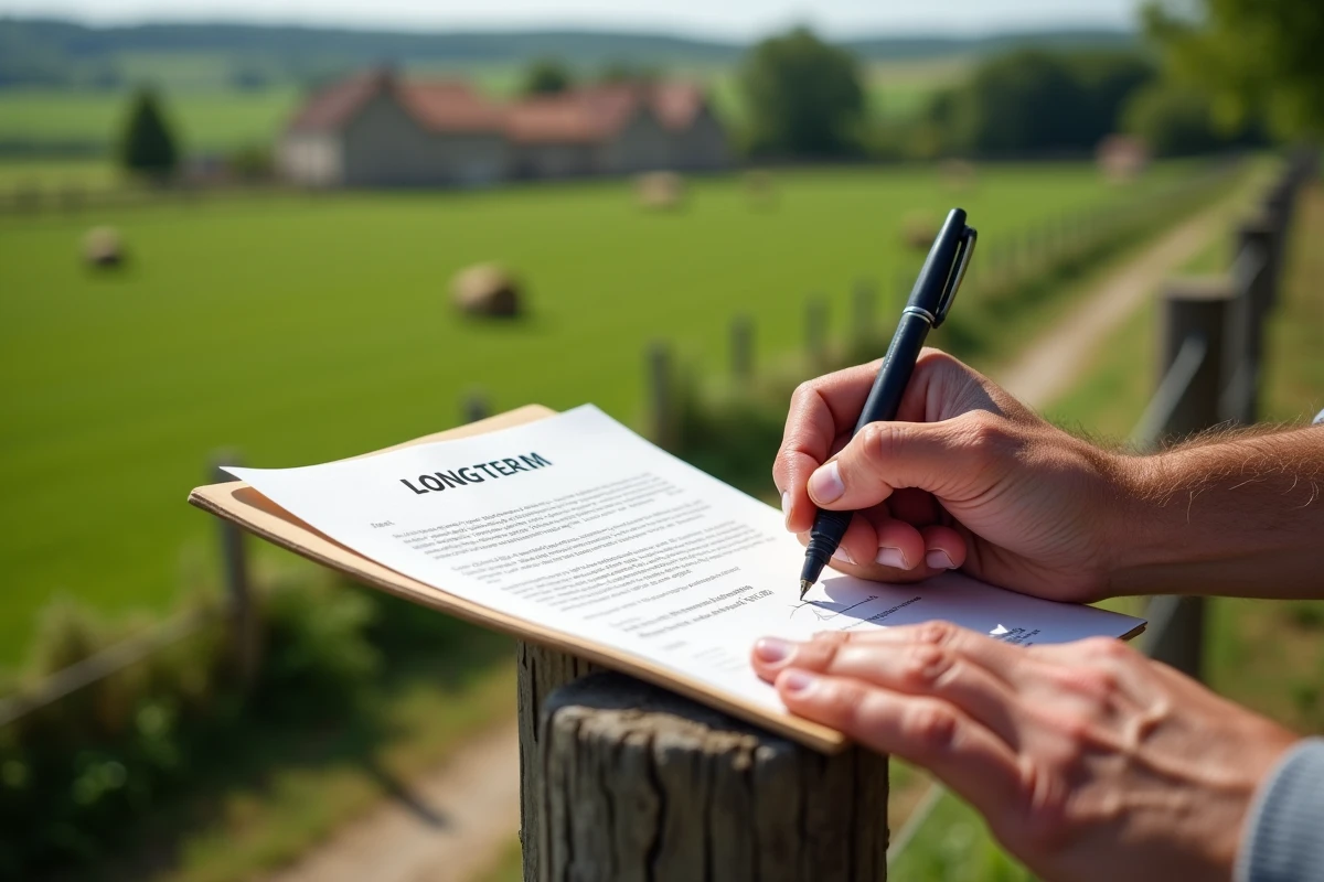 Signature d'un bail rural longue durée en plein air avec des champs agricoles français en arrière-plan
