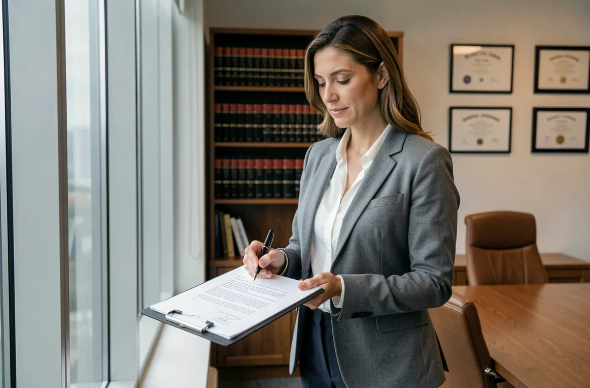 Femme signant une lettre de résiliation de mandat exclusif dans un bureau juridique moderne