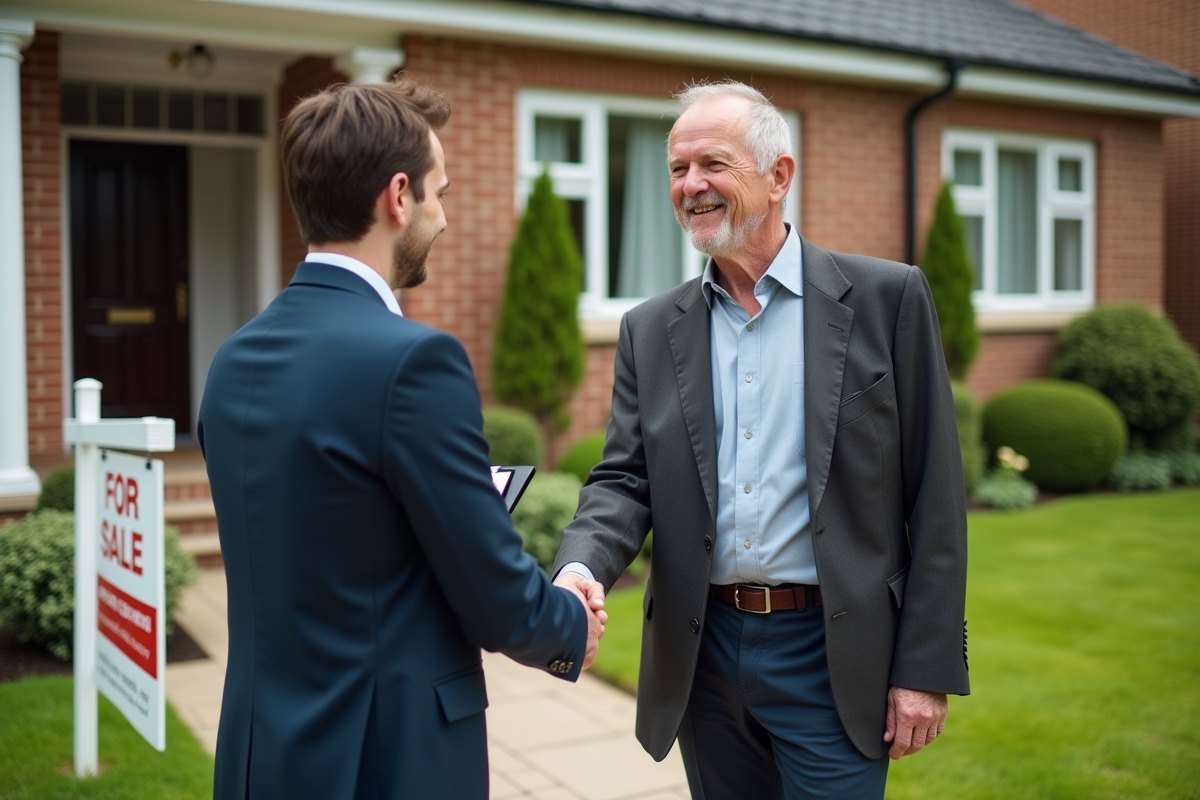 Homme et agent immobilier se serrant la main devant maison rénovée