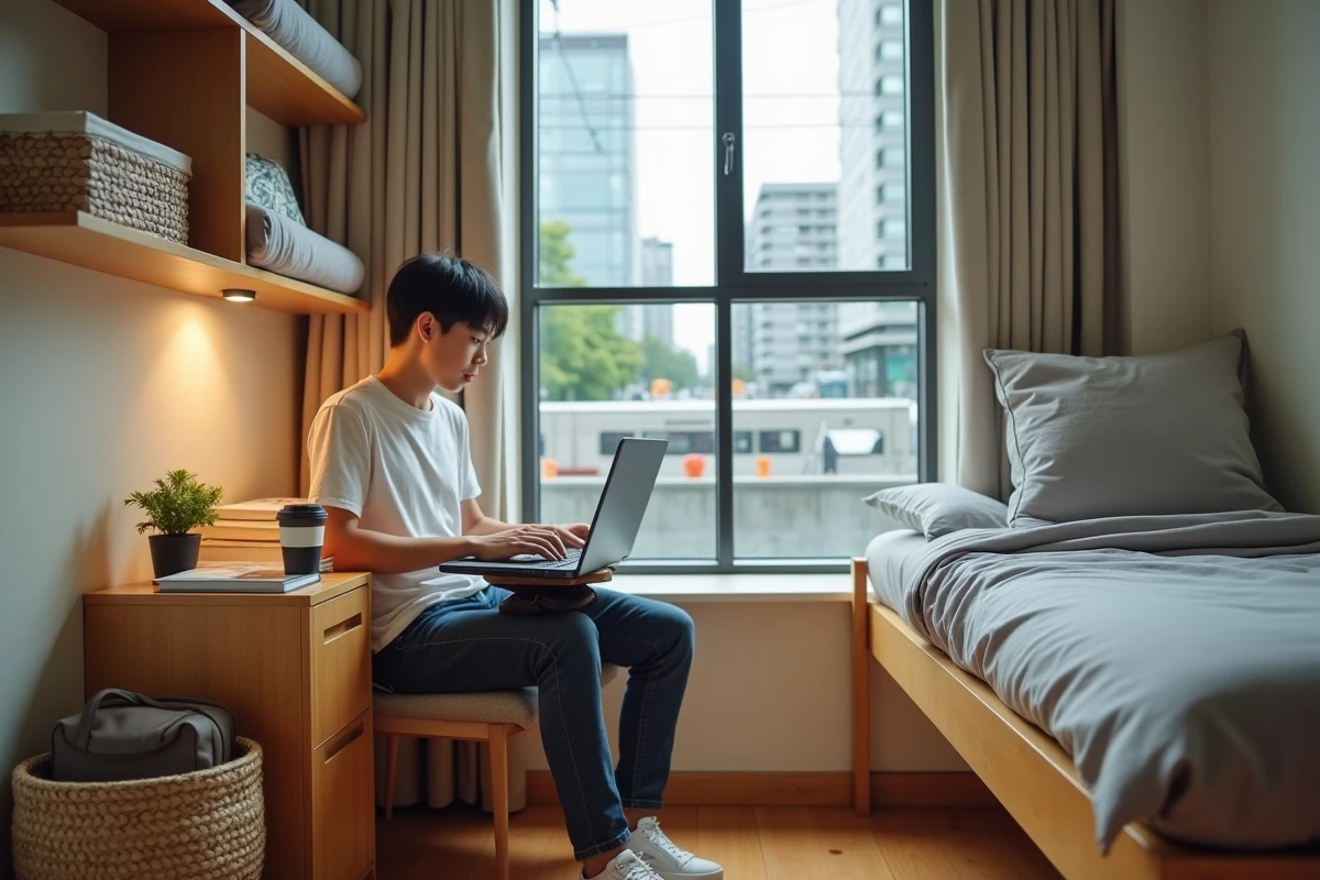 Studio étudiant compact et bien organisé dans un condo de Bangkok avec vue sur le BTS Skytrain depuis la fenêtre