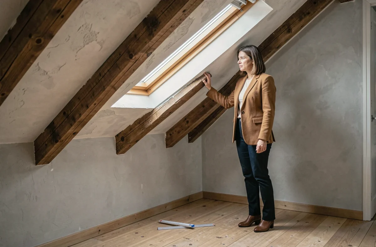Femme évaluant la surface habitable d'un appartement sous les toits avec plafond en pente et règle pliante au sol