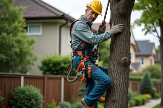Arboriste en travail en hauteur dans un jardin résidentiel