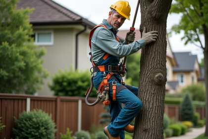 Arboriste en travail en hauteur dans un jardin résidentiel