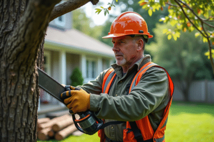 Homme arboriste en tenue haute visibilité taillant un chêne mature