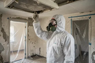 Technicien en combinaison de protection inspectant un plafond amianté dans un appartement ancien avant travaux de rénovation