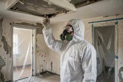 Technicien en combinaison de protection inspectant un plafond amianté dans un appartement ancien avant travaux de rénovation