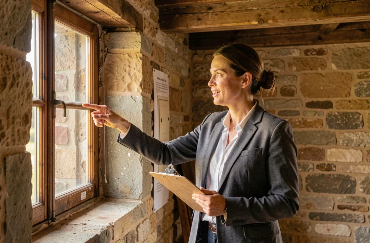 Conseillère en énergie de Thermi-Conseil Évreux réalisant un audit thermique dans une maison en pierre
