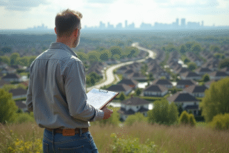 Urbaniste devant lotissements en banlieue en expansion