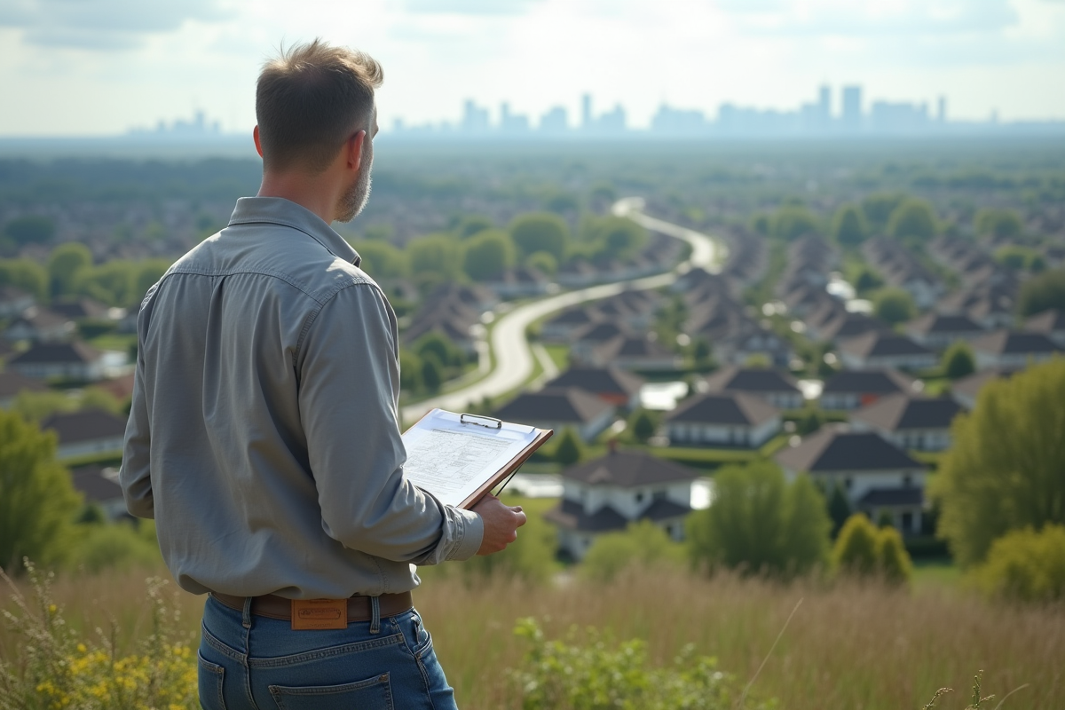 Urbaniste devant lotissements en banlieue en expansion