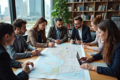 Groupe d urbanistes divers analysant des cartes en réunion