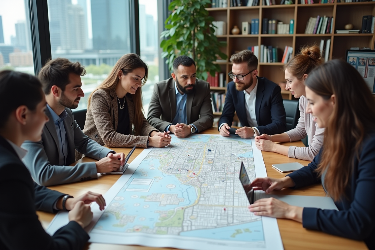 Groupe d urbanistes divers analysant des cartes en réunion