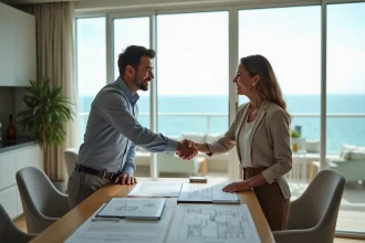 Deux particuliers qui se serrent la main lors d'une vente d'appartement avec vue mer, documents immobiliers sur la table