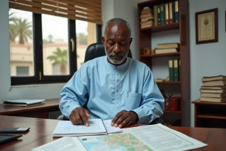 Un homme sénégalais consultant des documents de propriété foncière dans un bureau de notaire à Dakar avant l'achat d'une maison