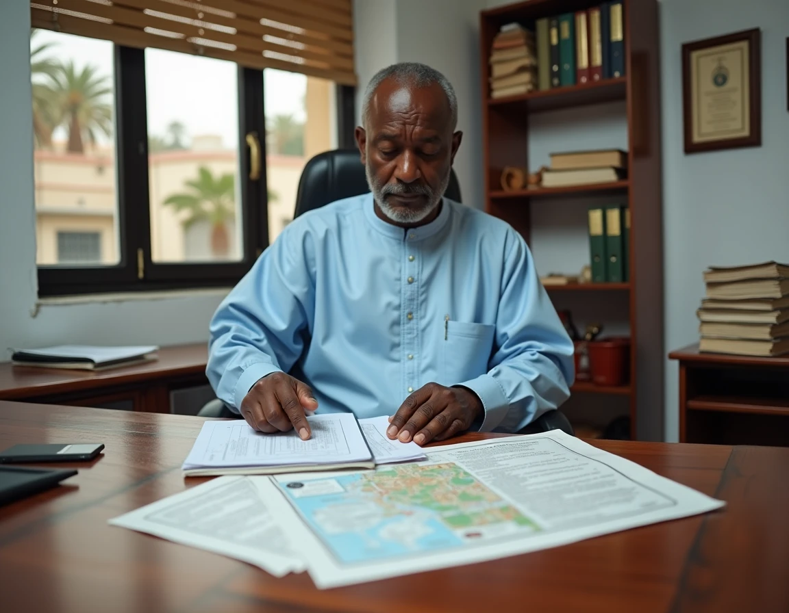 Un homme sénégalais consultant des documents de propriété foncière dans un bureau de notaire à Dakar avant l'achat d'une maison