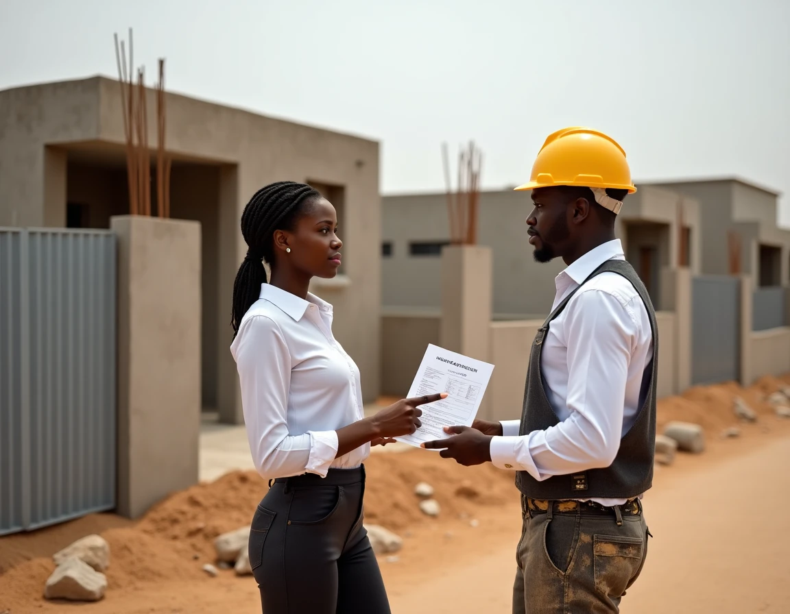 Une femme professionnelle vérifiant un permis de construire devant une maison en cours de construction dans un quartier résidentiel de Dakar