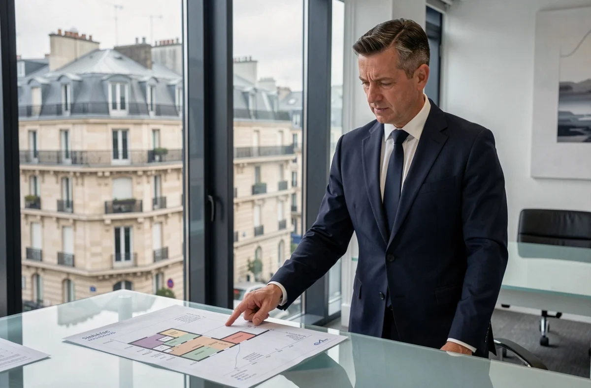 Notaire expliquant l'estimation du prix d'un viager libre en ville dans un bureau parisien moderne