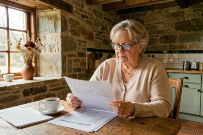 Femme âgée consultant un contrat de viager sans bouquet dans une maison de campagne en pierre