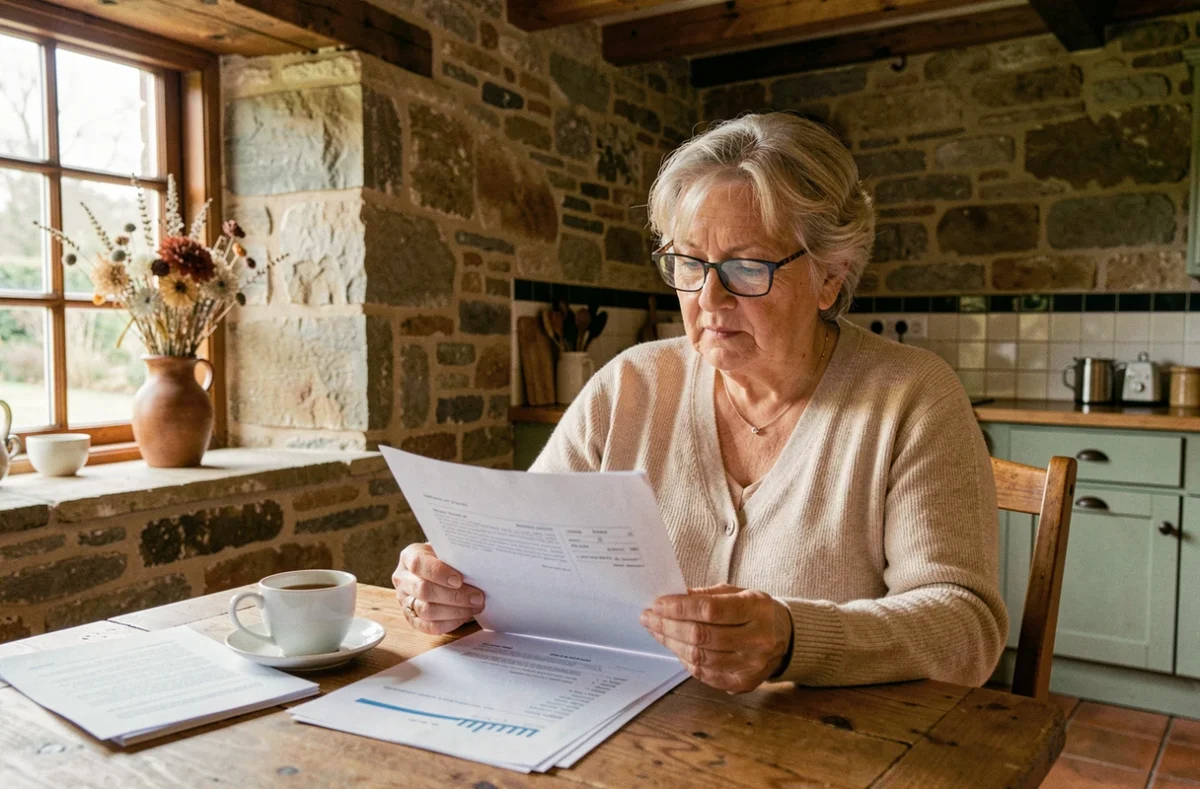 Femme âgée consultant un contrat de viager sans bouquet dans une maison de campagne en pierre