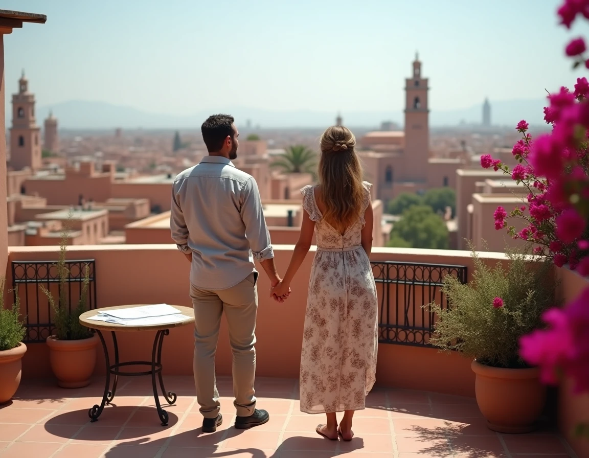 Couple visitant la terrasse d'une villa à vendre à Marrakech avec vue panoramique sur la médina et les montagnes de l'Atlas