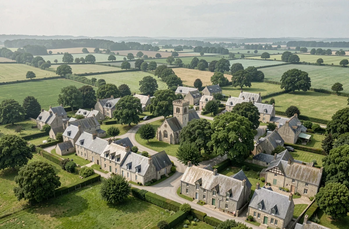Vue panoramique d'un village breton typique avec maisons en pierre et toits en ardoise entourés de bocage vert