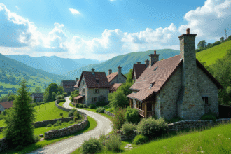 Village rural traditionnel avec maisons en pierre et jardins