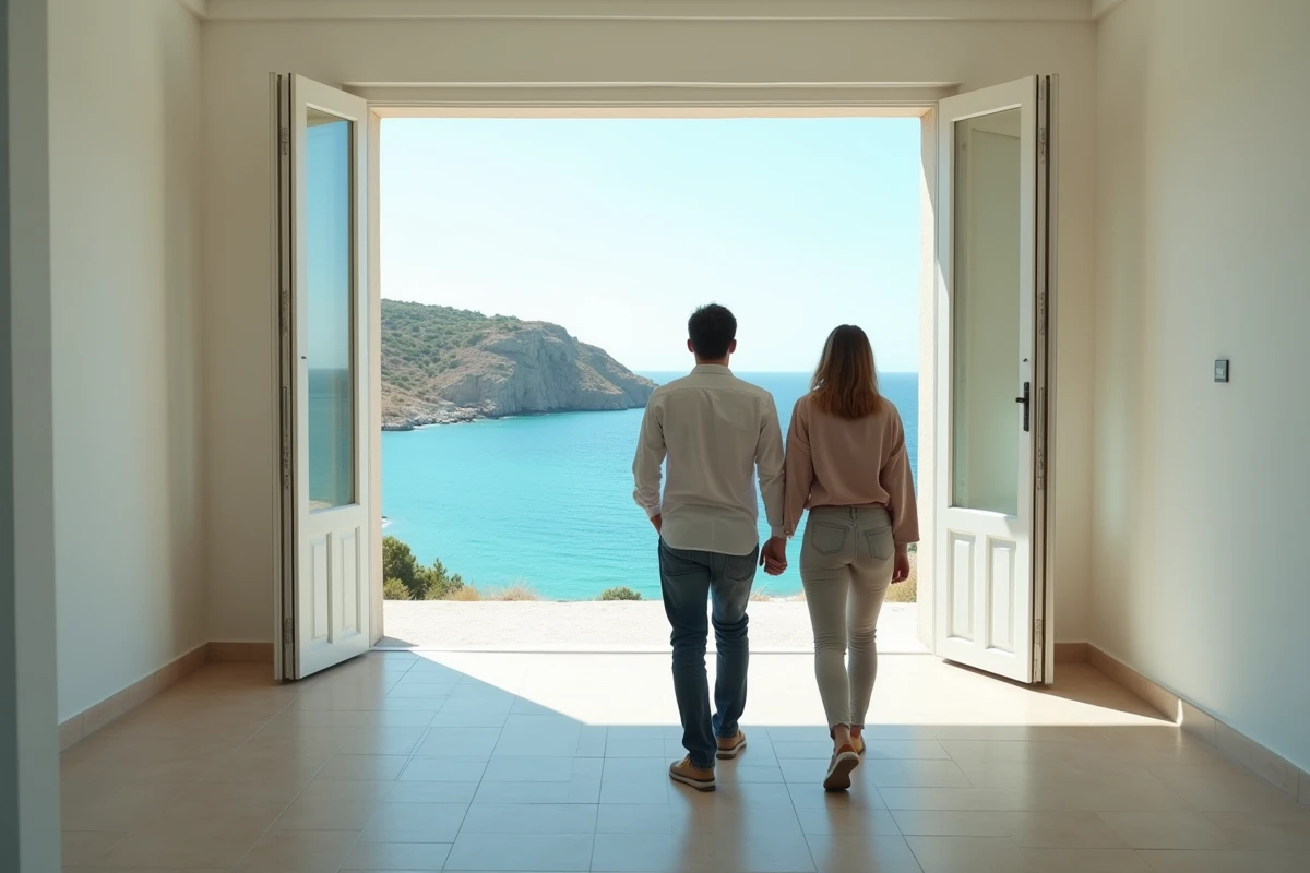 Couple visitant un appartement avec vue mer lors d'une transaction immobilière entre particuliers