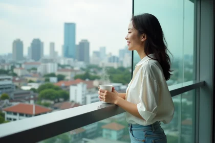 Jeune femme asiatique regardant la ville de Bangkok depuis son balcon